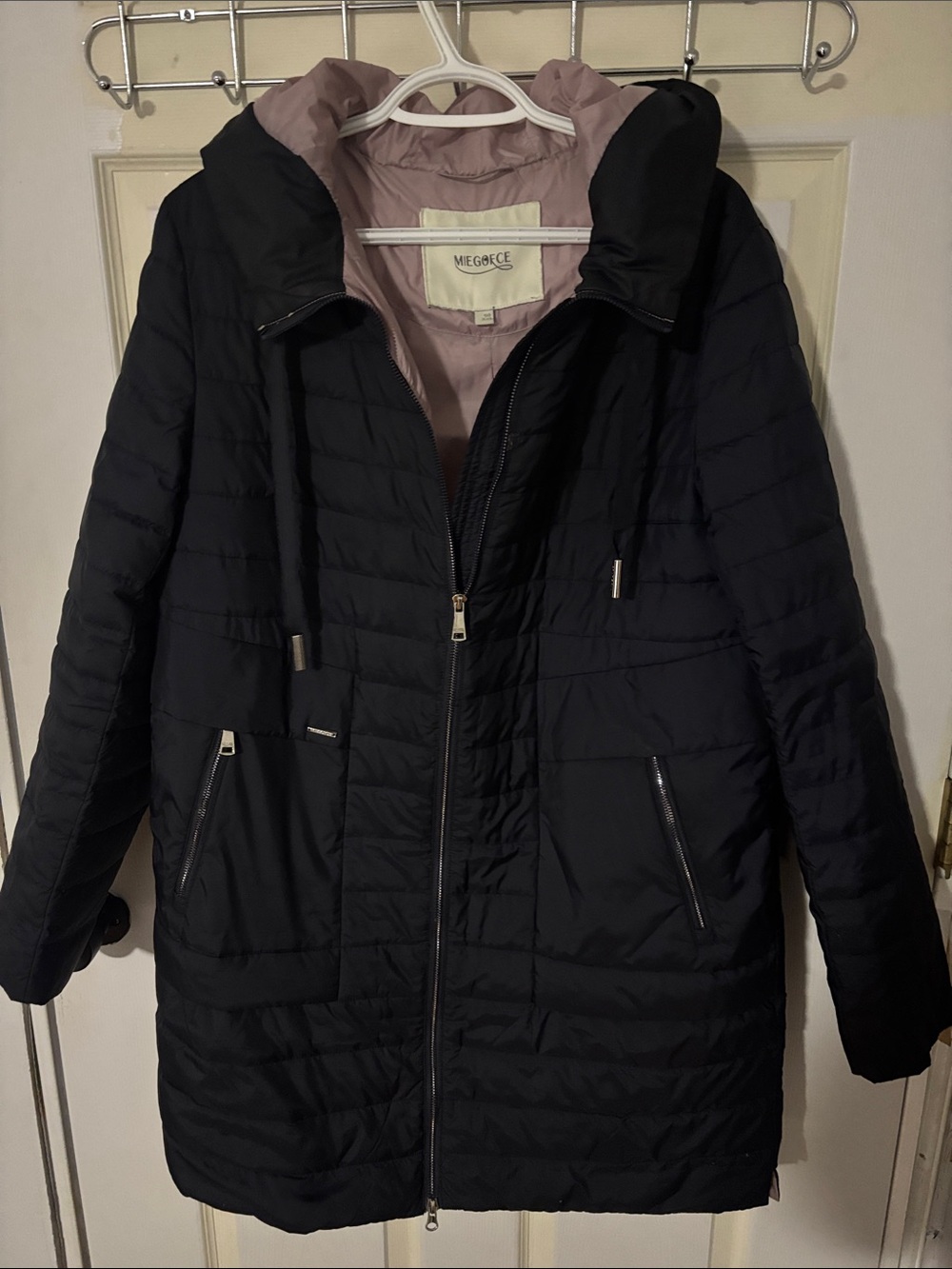 Black Quilted Hooded Puffer Coat with Pink Lining